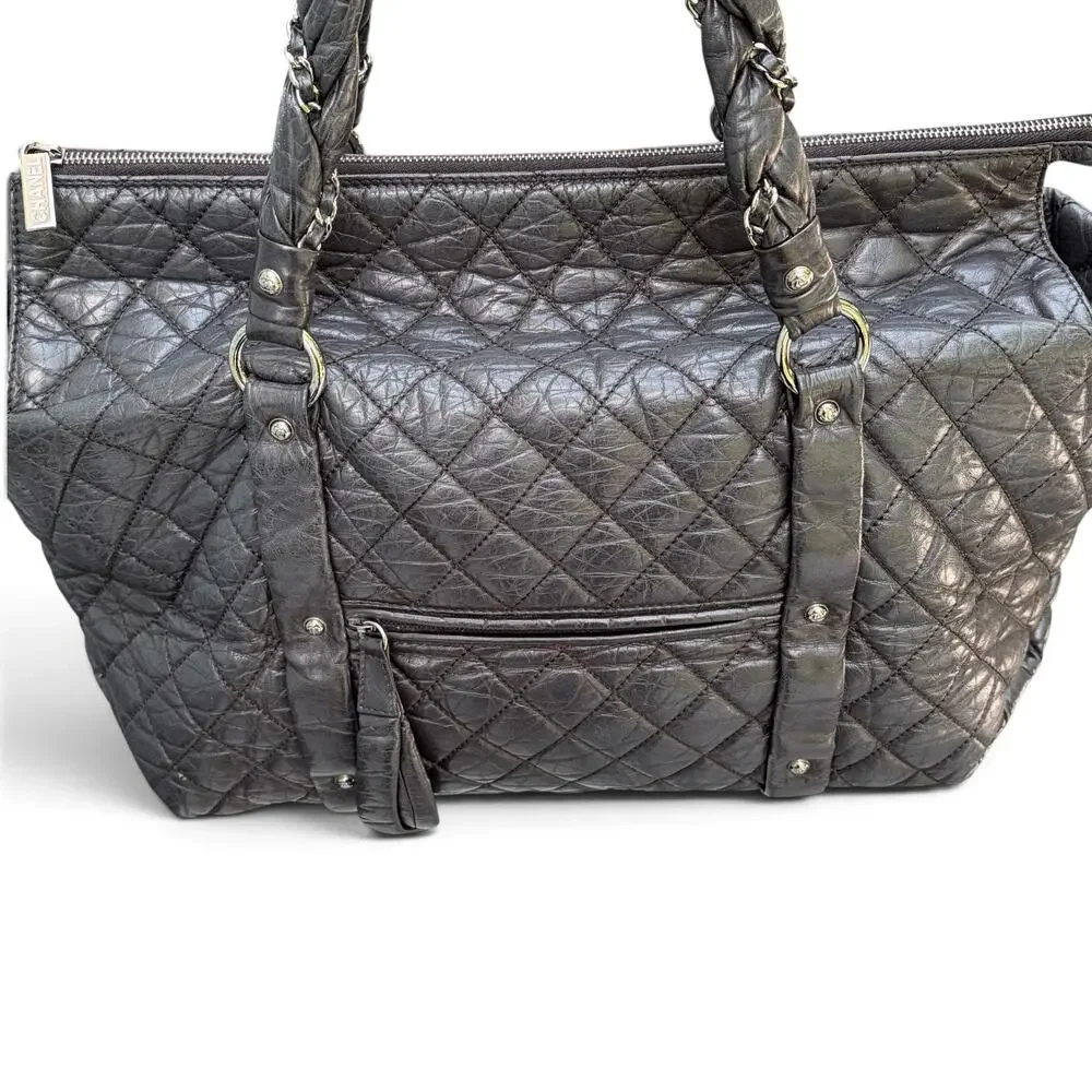 Chanel Lady Braid Black Aged Calfskin Quilted Duffel Tote Braided Chain w/ COA